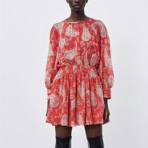 Zara Red Paisley Print Mini Dress Long‎ Sleeve Smocked Waist Casual Medium